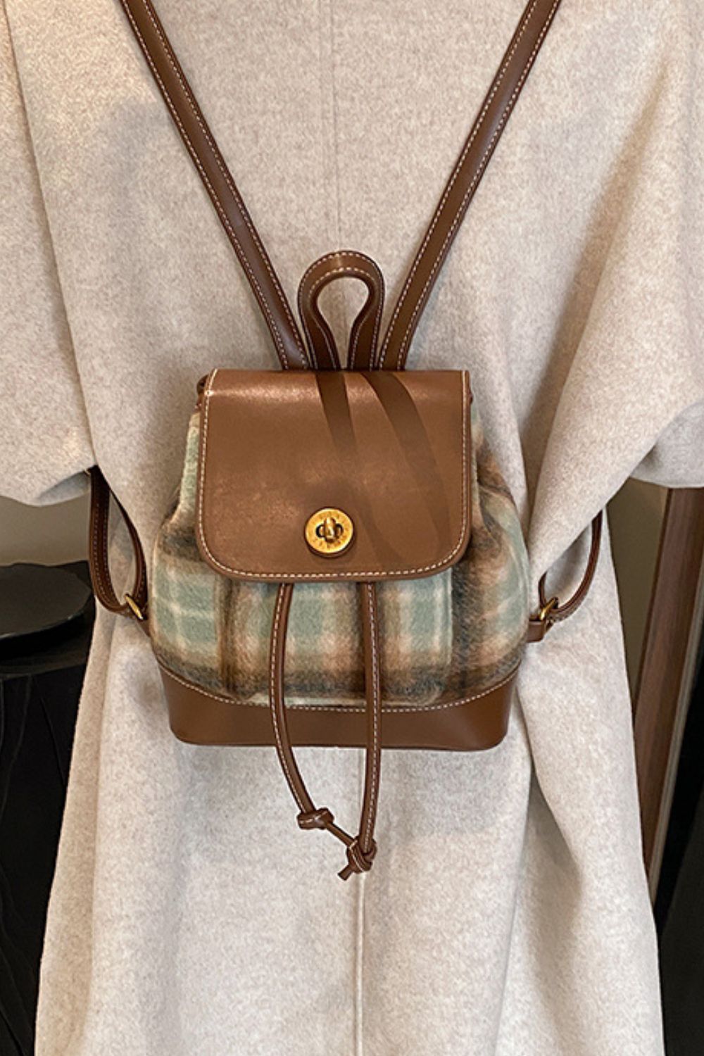 PU Leather Drawstring Plaid Backpack Bag Trendsi