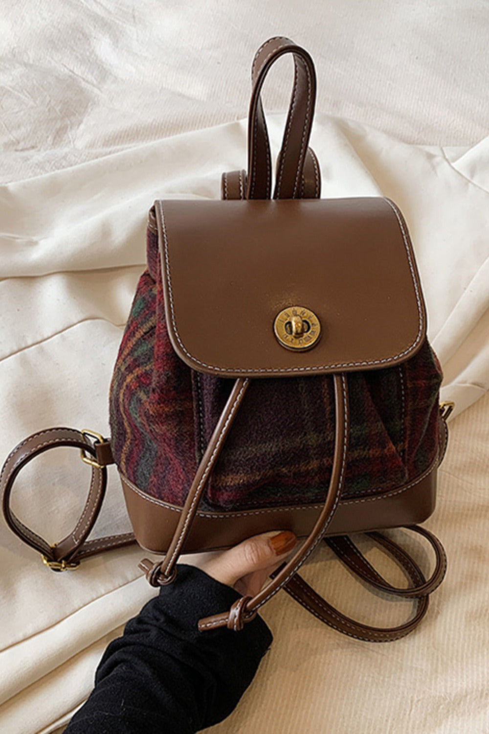 PU Leather Drawstring Plaid Backpack Bag Trendsi