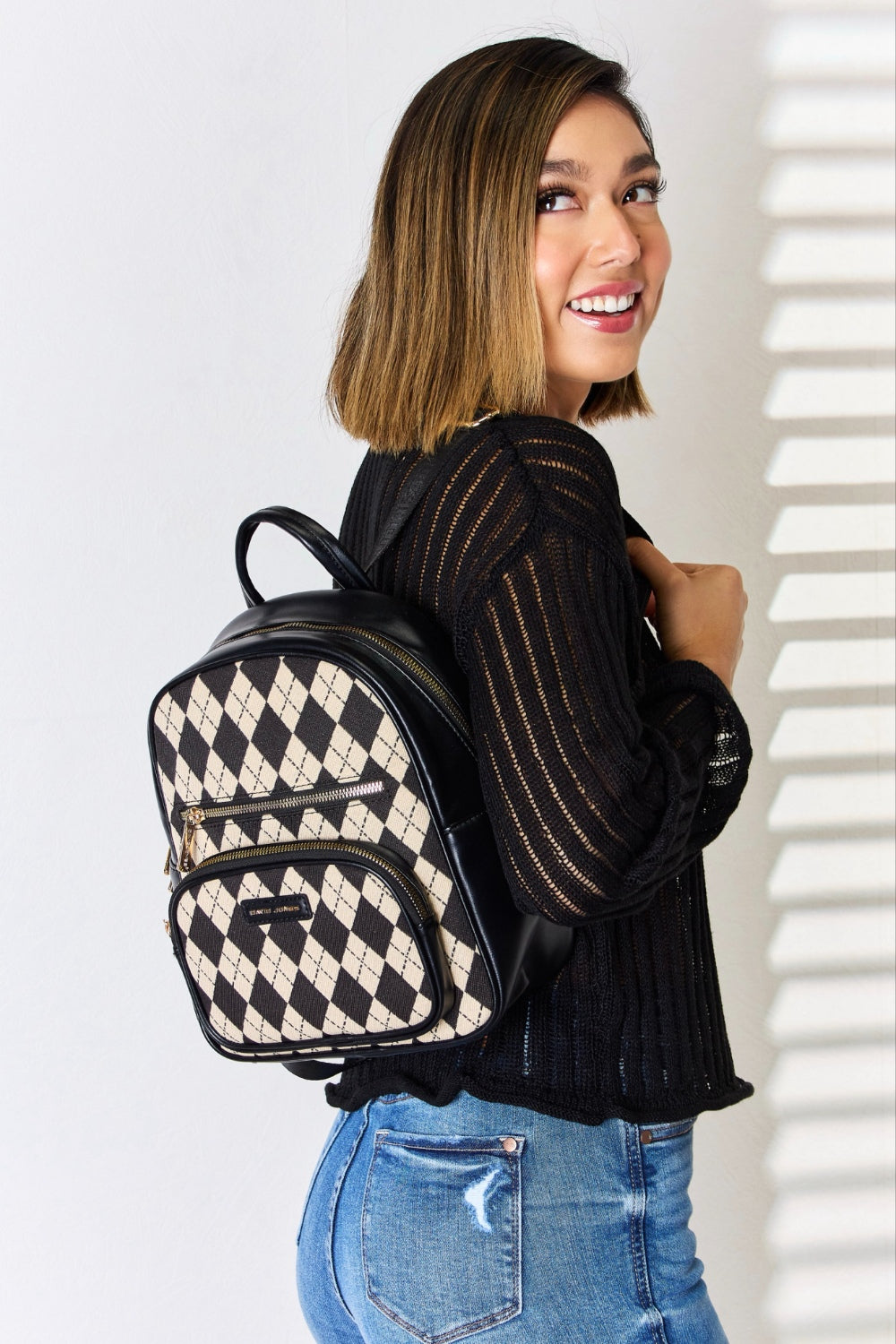 Argyle Pattern Vegan Leather Backpack Trendsi