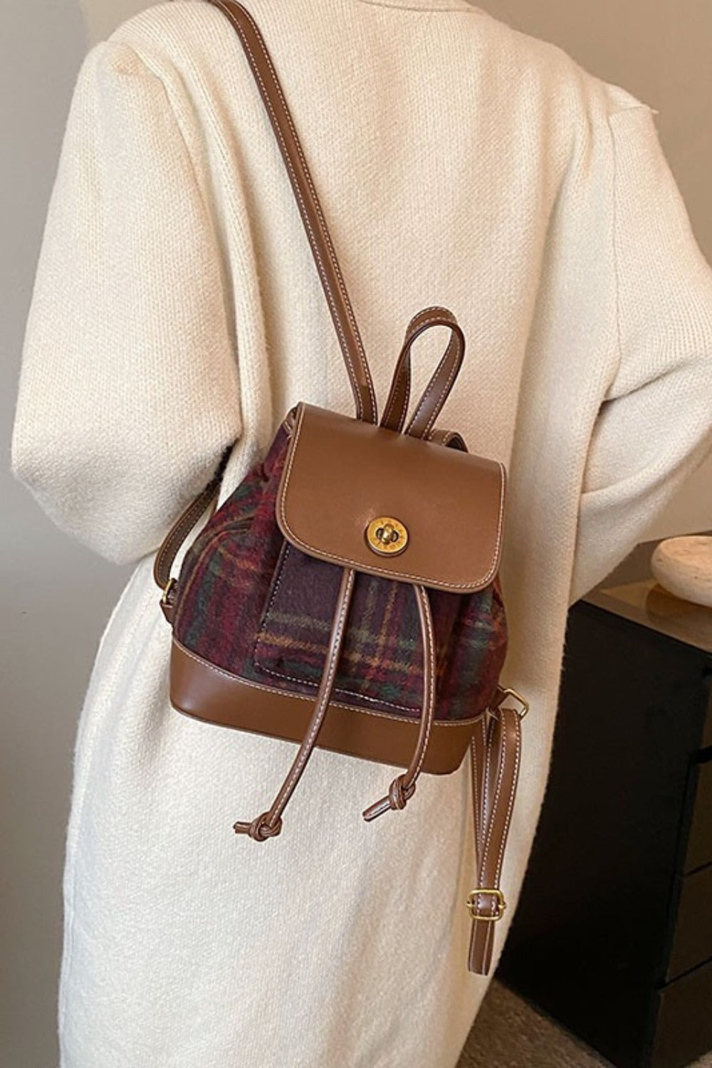 PU Leather Drawstring Plaid Backpack Bag Trendsi