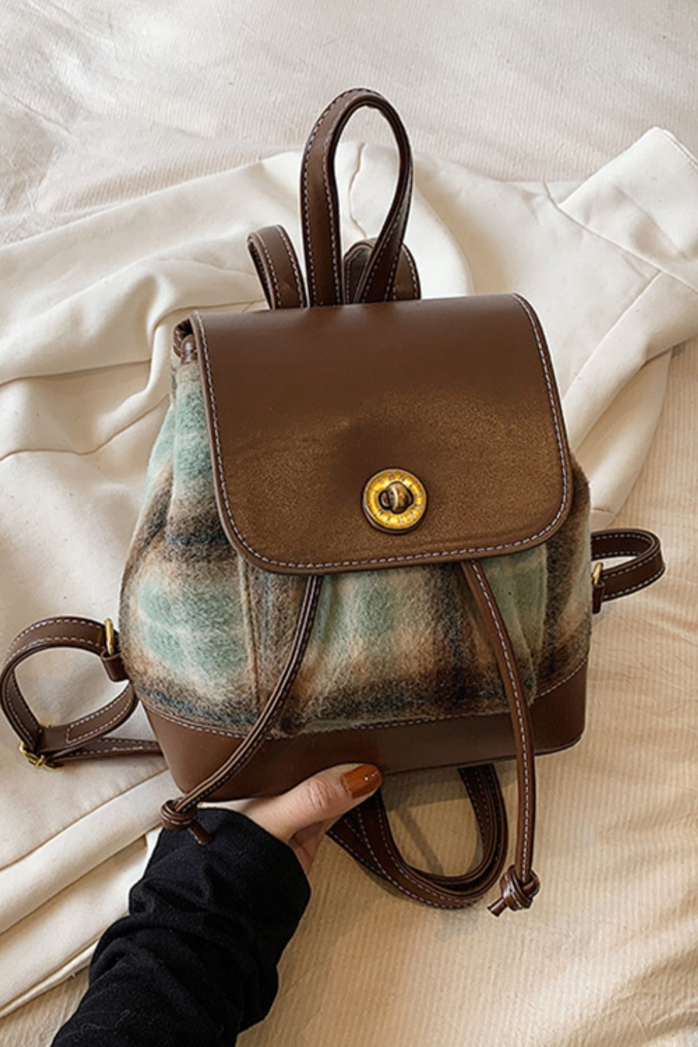 PU Leather Drawstring Plaid Backpack Bag Trendsi