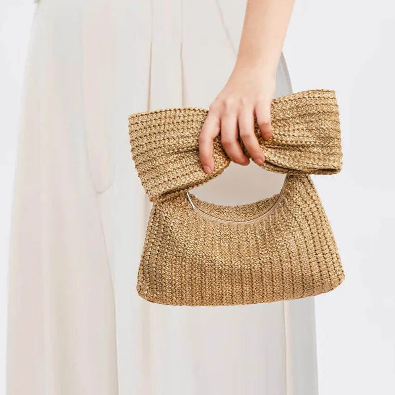 Square Zipper Boho Bags Bohemian Bowknot Clutch Straw Bag Summer Beach Fashion Handbag for Women-2