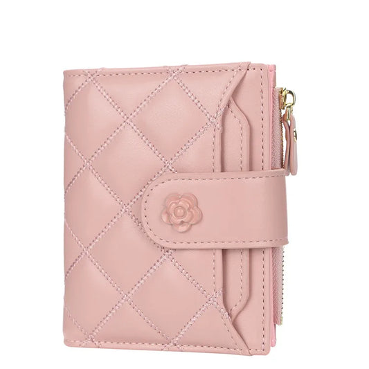 Women Wallet Flower Buckle Short Wallet Ladies Multi Card Slot Diamond Pattern Coin Purse With Zipper Card Holder-0