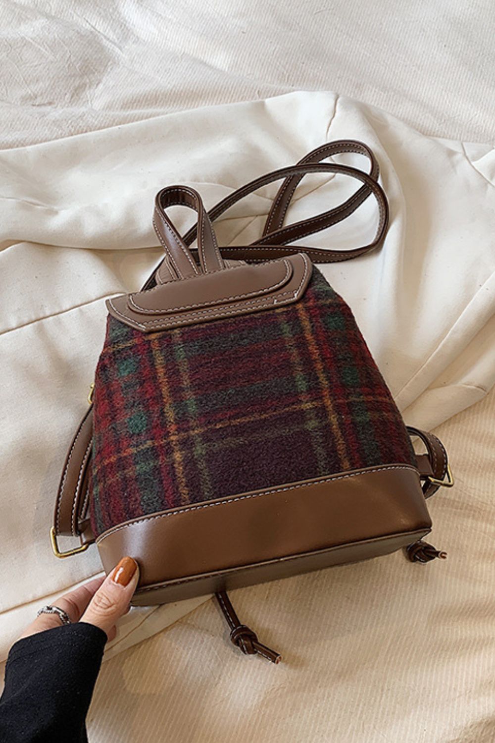 PU Leather Drawstring Plaid Backpack Bag Trendsi