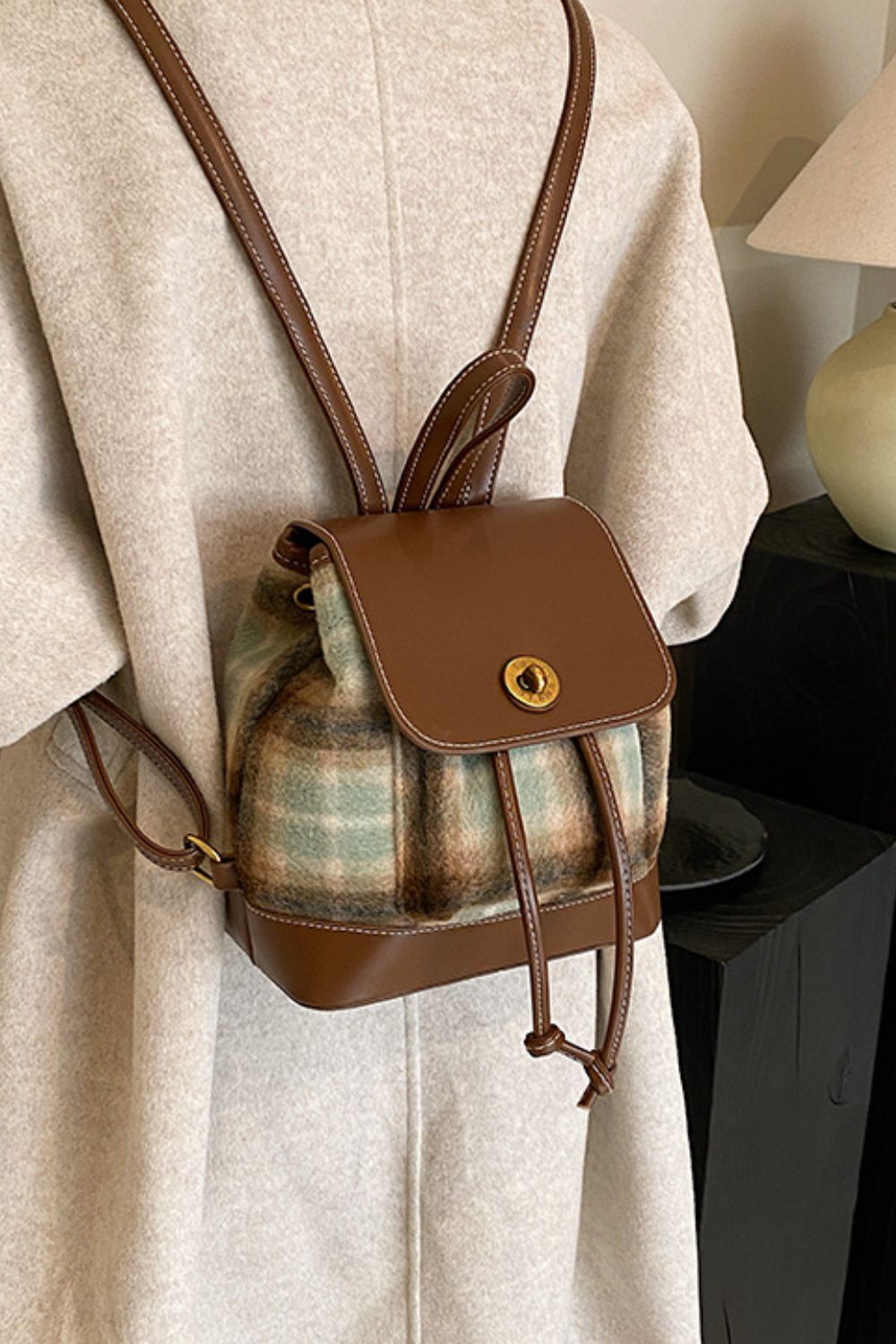 PU Leather Drawstring Plaid Backpack Bag Trendsi