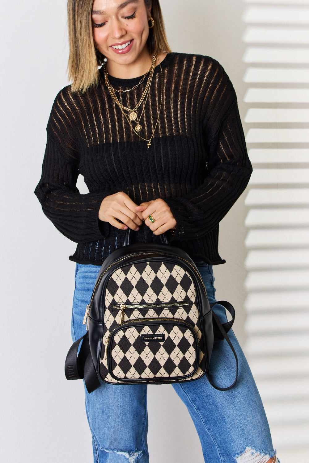 Argyle Pattern Vegan Leather Backpack Trendsi