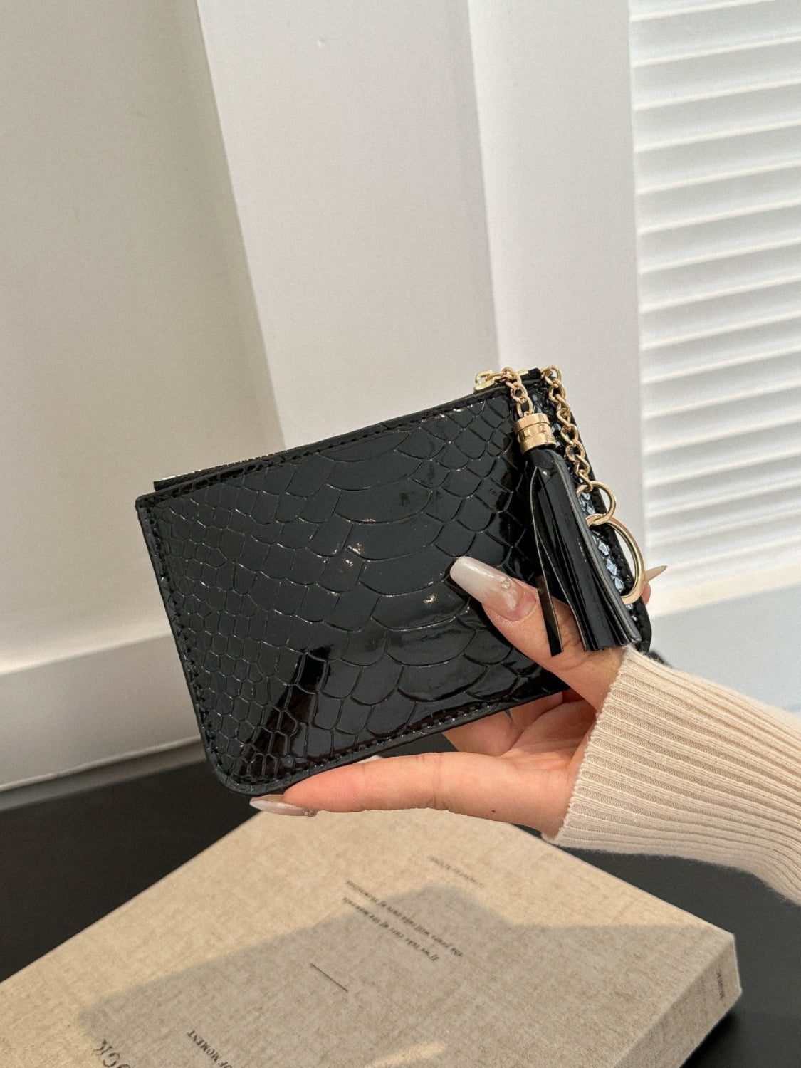 PU Leather Tassel Trim Card Case Trendsi